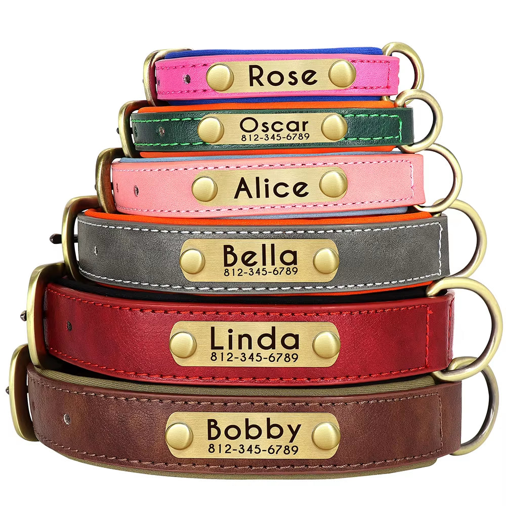 Personalized PU Leather Dog Collar with Soft Padding and Adjustable Fit - Free Engraving for Small, Medium, and Large Dogs