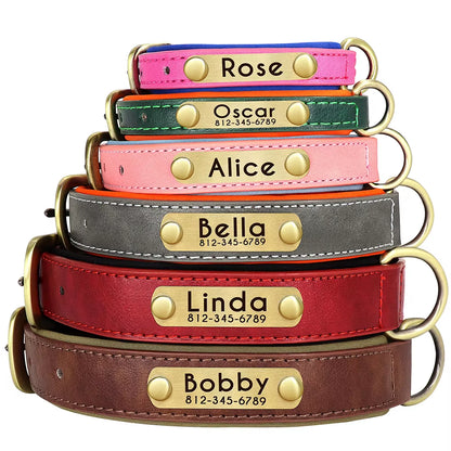 Personalized PU Leather Dog Collar with Soft Padding and Adjustable Fit - Free Engraving for Small, Medium, and Large Dogs