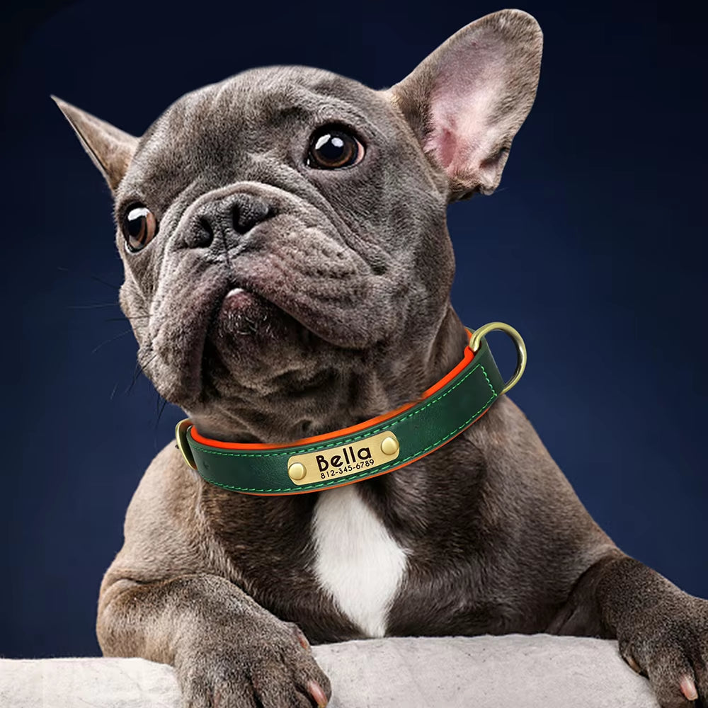 Personalized PU Leather Dog Collar with Soft Padding and Adjustable Fit - Free Engraving for Small, Medium, and Large Dogs