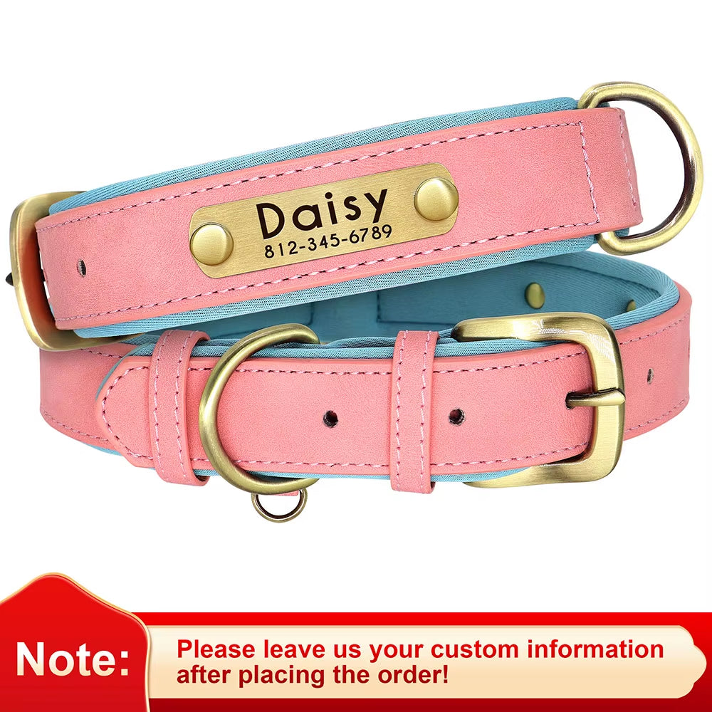 Personalized PU Leather Dog Collar with Soft Padding and Adjustable Fit - Free Engraving for Small, Medium, and Large Dogs