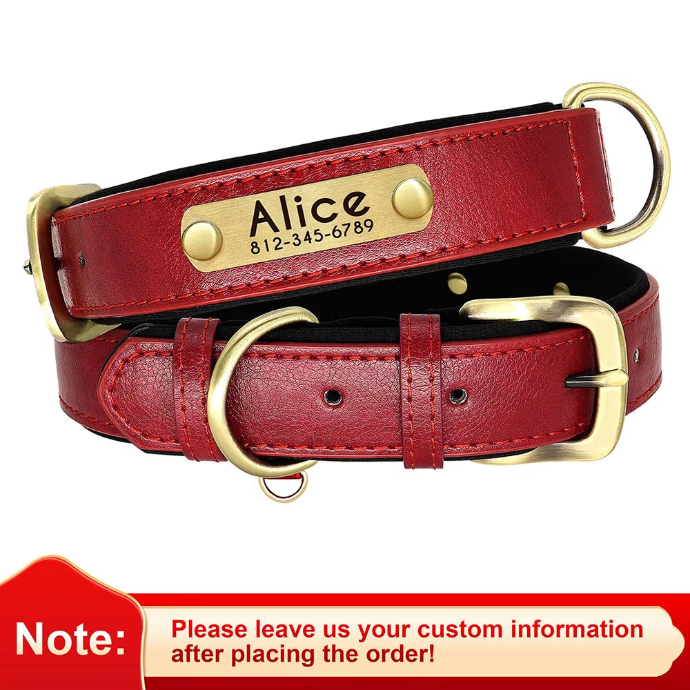 Personalized PU Leather Dog Collar with Soft Padding and Adjustable Fit - Free Engraving for Small, Medium, and Large Dogs