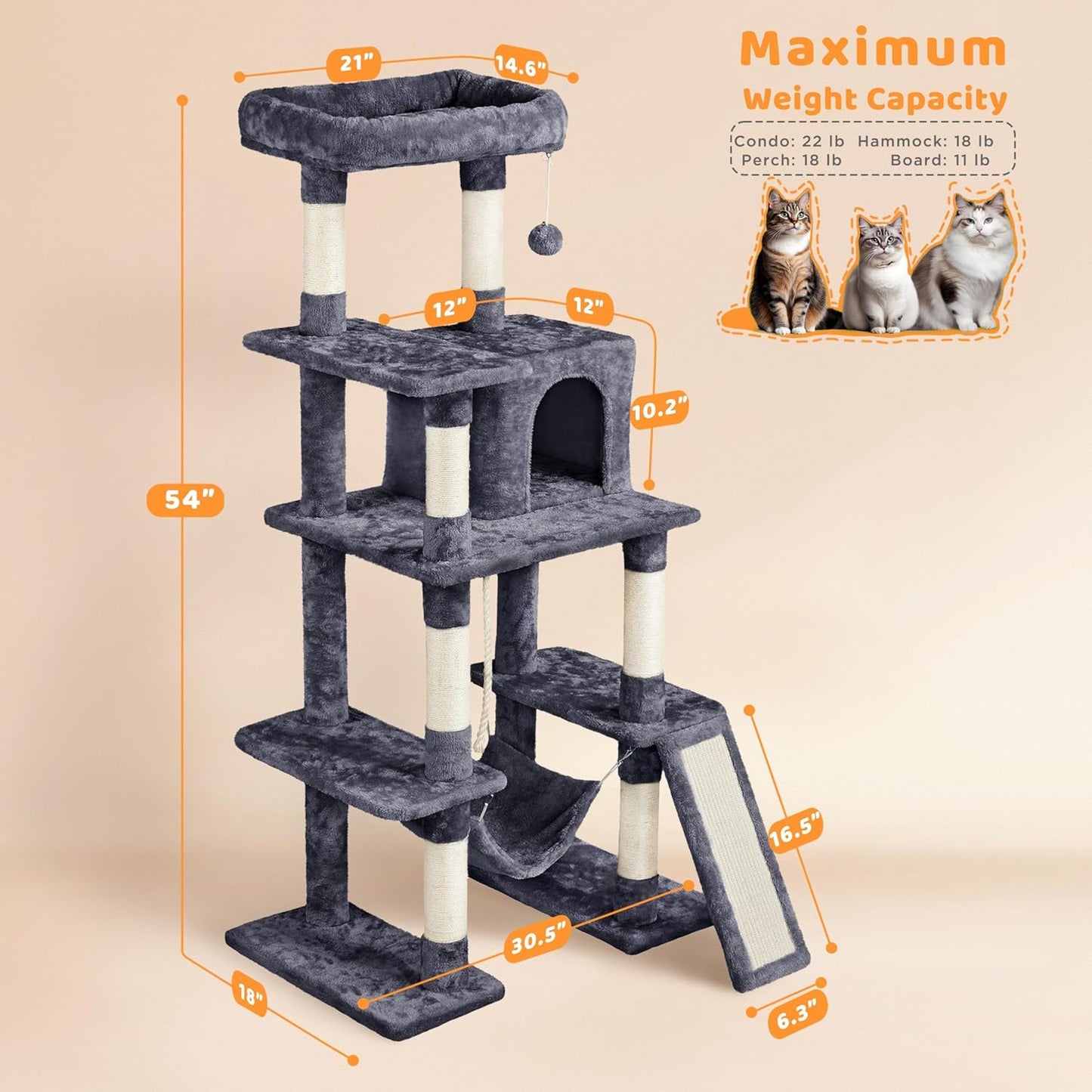 Yaheetech 54-Inch Multi-Level Cat Tree Tower for Large Cats with Condo and Hammock