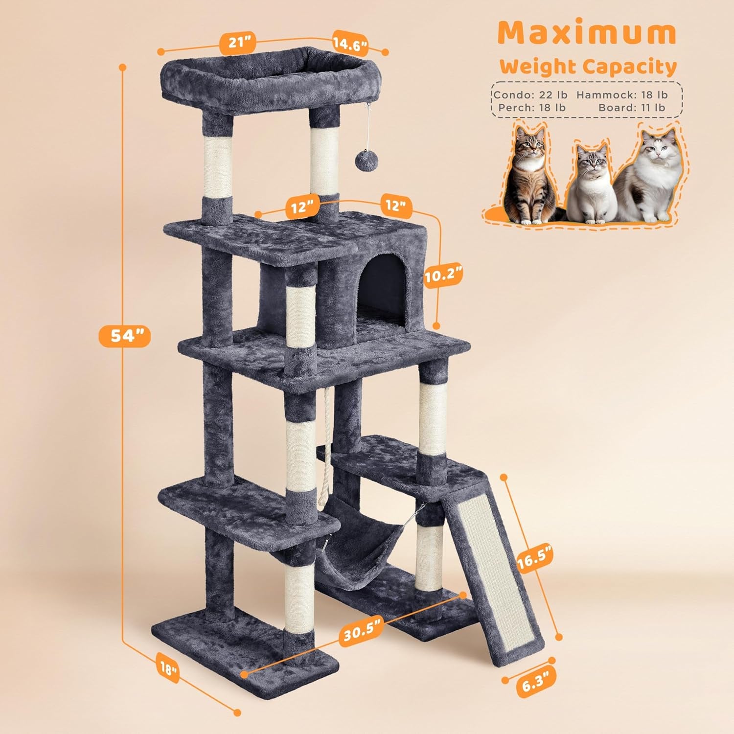 Yaheetech 54-Inch Multi-Level Cat Tree Tower for Large Cats with Condo and Hammock