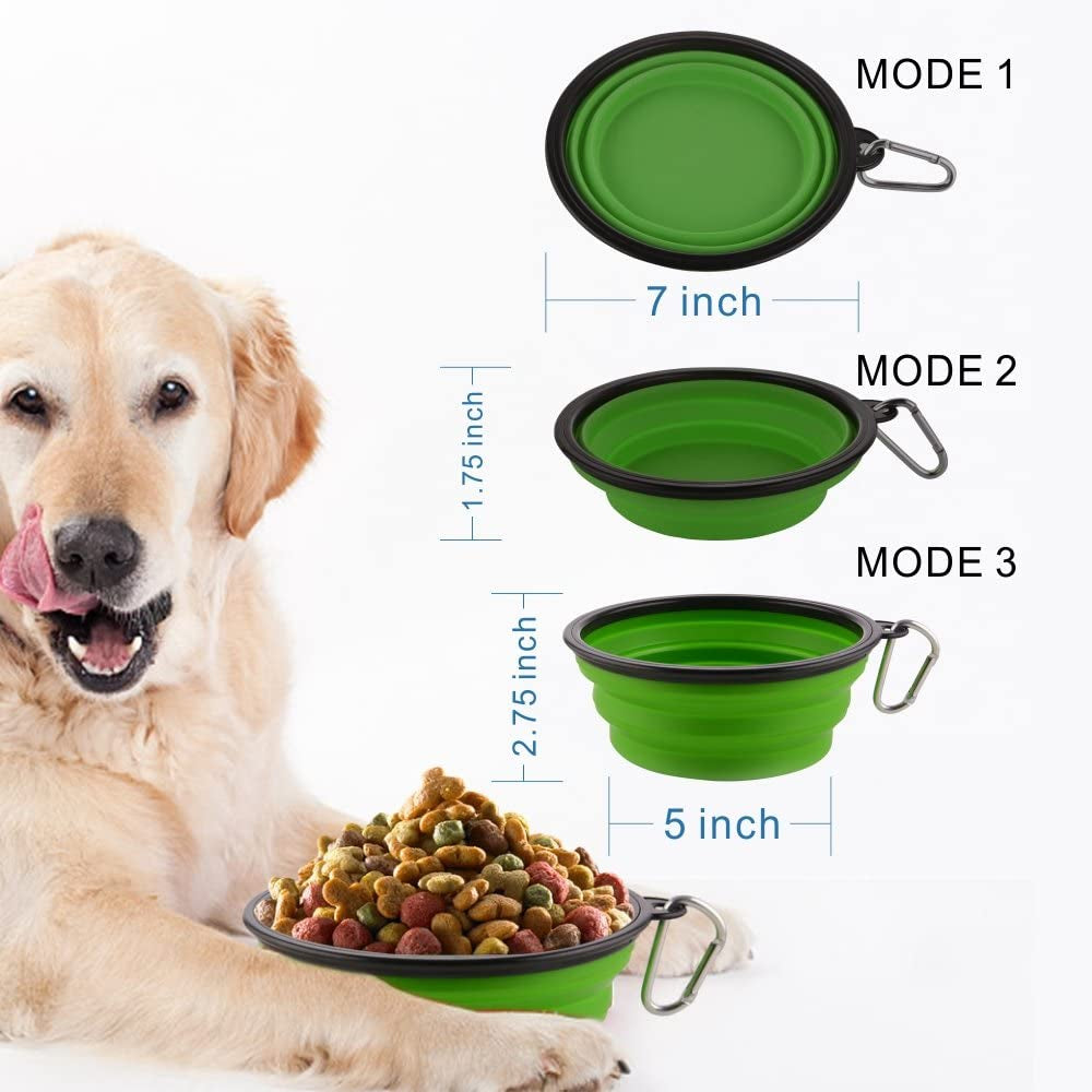 Large 34 oz Collapsible Dog Bowls with Carabiner Clips – Portable Travel Food & Water Bowls, 2-Pack, Green & Blue