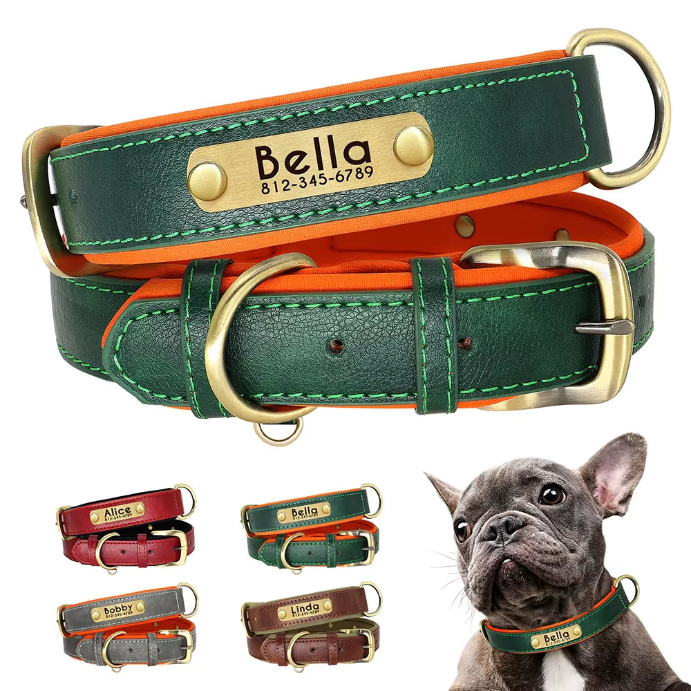 Personalized PU Leather Dog Collar with Soft Padding and Adjustable Fit - Free Engraving for Small, Medium, and Large Dogs