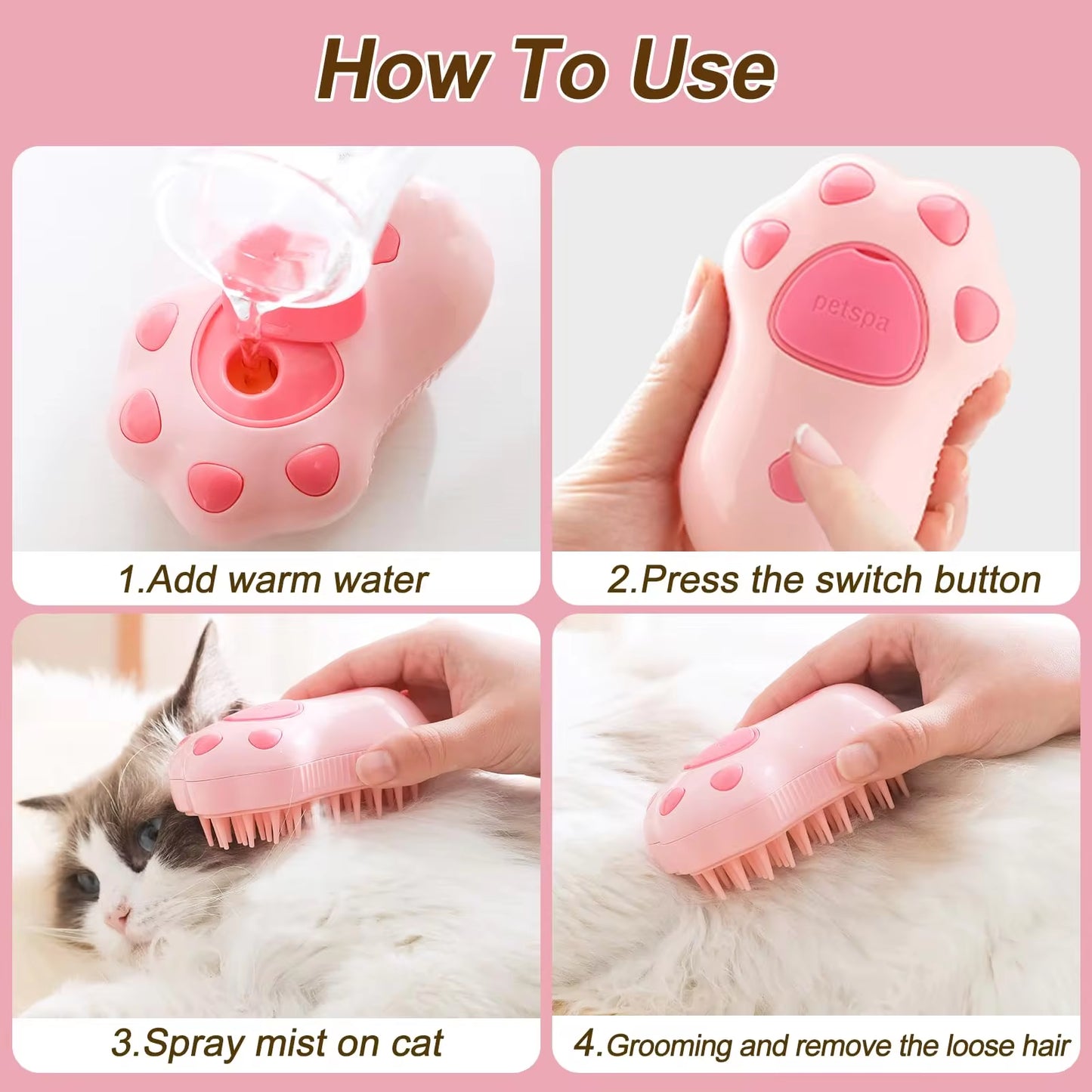 3-in-1 Electric Pet Grooming Brush with Steam, Comb, and Spray for Cats and Dogs - Hair Removal and Massage Tool