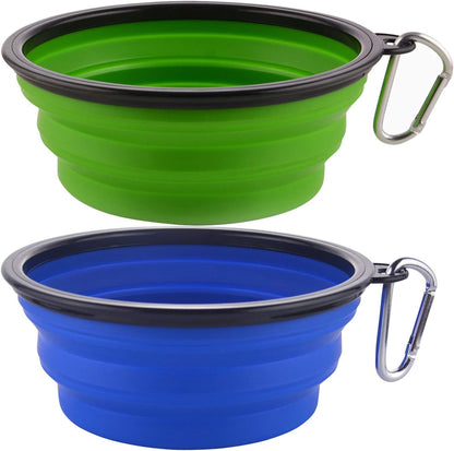 Large 34 oz Collapsible Dog Bowls with Carabiner Clips – Portable Travel Food & Water Bowls, 2-Pack, Green & Blue