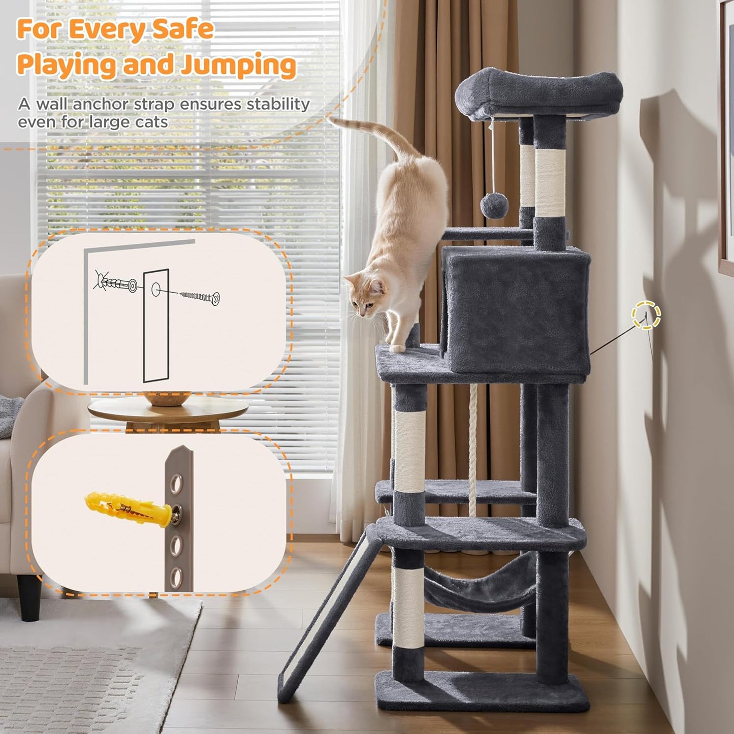 Yaheetech 54-Inch Multi-Level Cat Tree Tower for Large Cats with Condo and Hammock