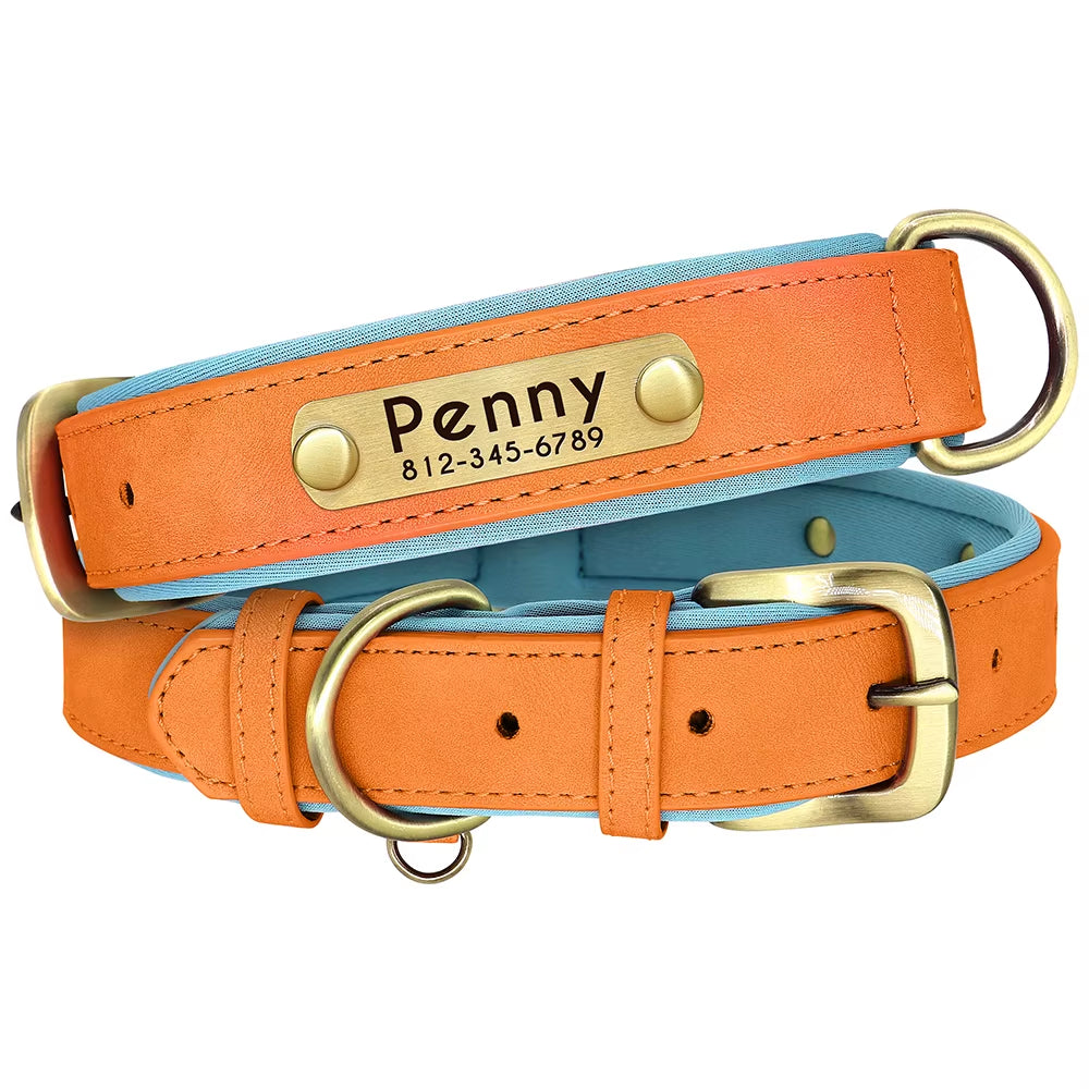 Personalized PU Leather Dog Collar with Soft Padding and Adjustable Fit - Free Engraving for Small, Medium, and Large Dogs