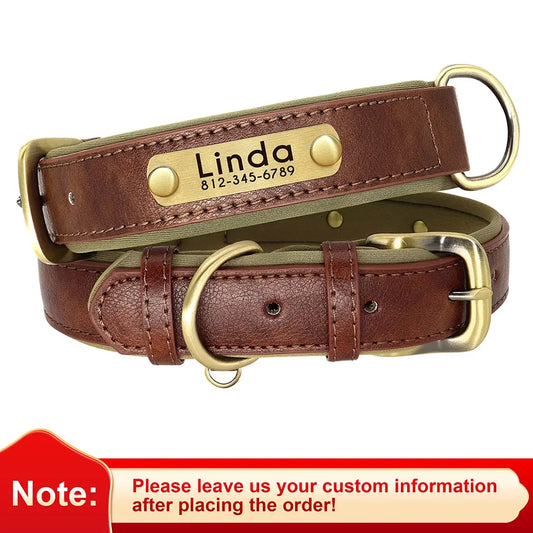 Personalized PU Leather Dog Collar with Soft Padding and Adjustable Fit - Free Engraving for Small, Medium, and Large Dogs
