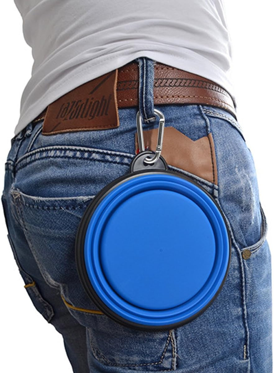 Large 34 oz Collapsible Dog Bowls with Carabiner Clips – Portable Travel Food & Water Bowls, 2-Pack, Green & Blue