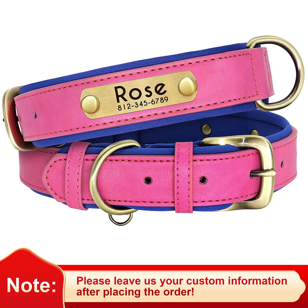 Personalized PU Leather Dog Collar with Soft Padding and Adjustable Fit - Free Engraving for Small, Medium, and Large Dogs