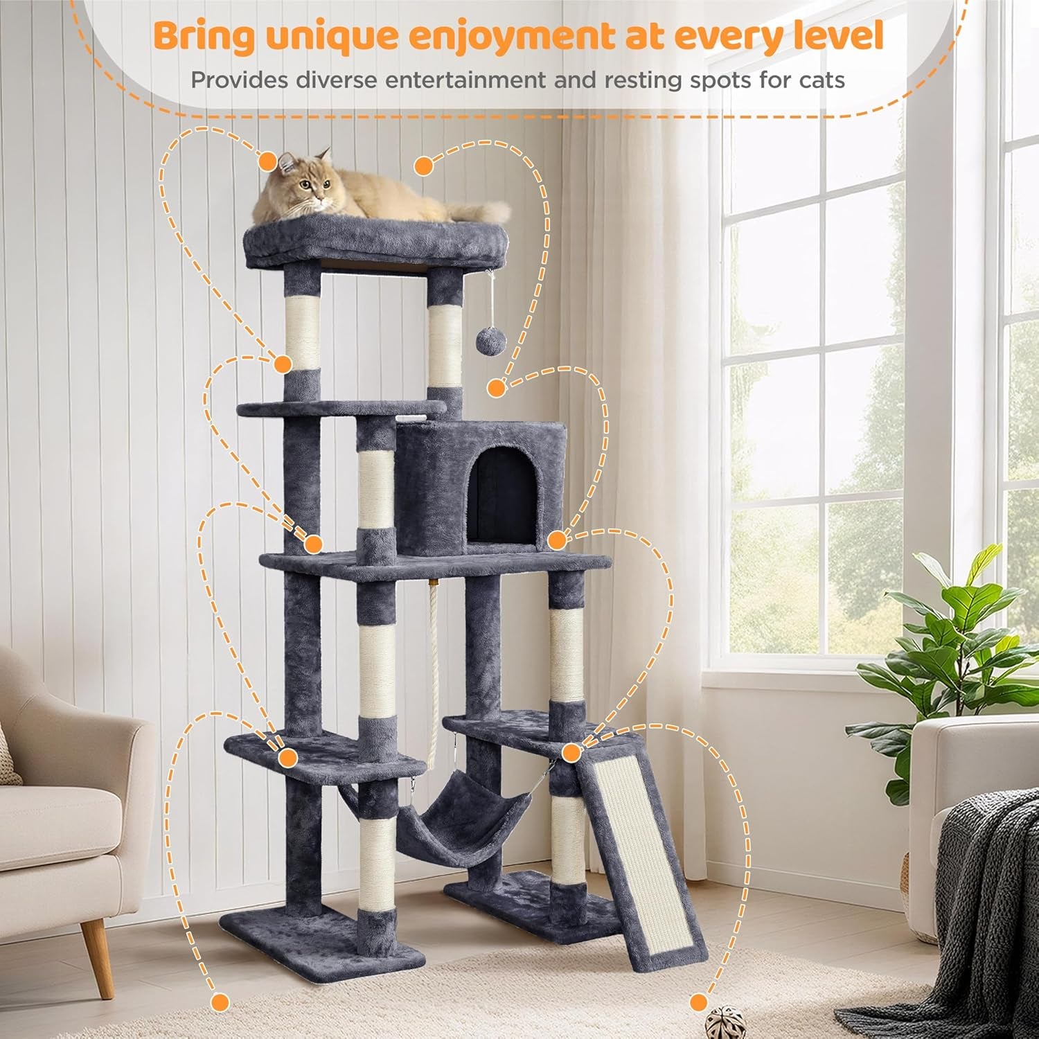 Yaheetech 54-Inch Multi-Level Cat Tree Tower for Large Cats with Condo and Hammock